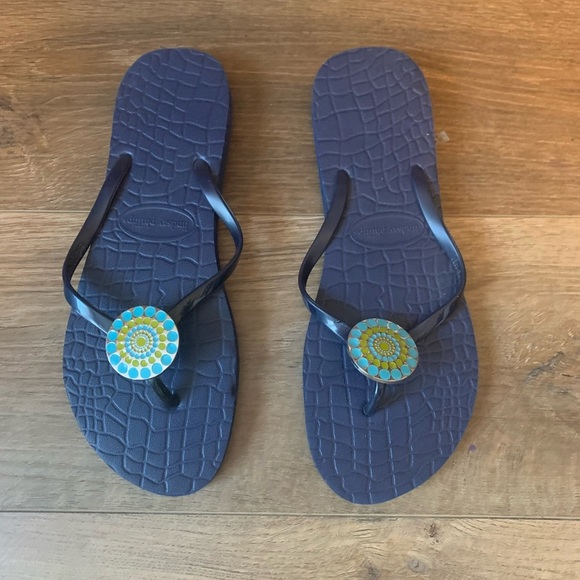 Lindsay Phillips Navy Flip Flops with Colorful Medallion - Picture 1 of 5